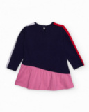 Girl’s dress in navy blue and pink with “Let’s Go!” print and sequin star details. Girl’s dress in navy blue and pink with “Let’s Go!” print and sequin star details.