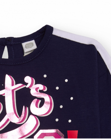 Girl’s dress in navy blue and pink with “Let’s Go!” print and sequin star details. Girl’s dress in navy blue and pink with “Let’s Go!” print and sequin star details.