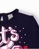 Girl’s dress in navy blue and pink with “Let’s Go!” print and sequin star details. Girl’s dress in navy blue and pink with “Let’s Go!” print and sequin star details.