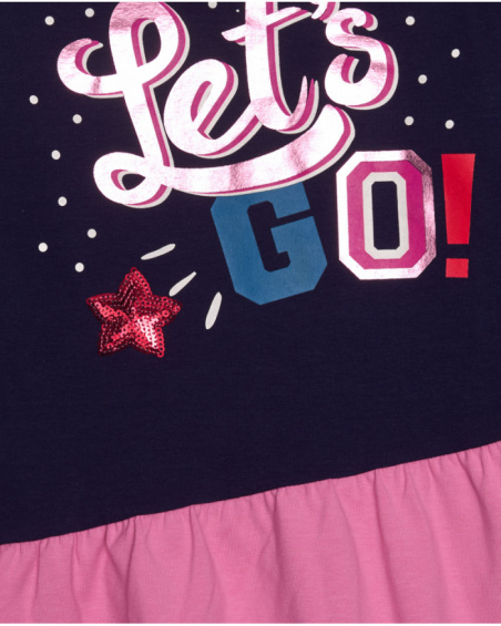 Girl’s dress in navy blue and pink with “Let’s Go!” print and sequin star details. Girl’s dress in navy blue and pink with “Let’s Go!” print and sequin star details.