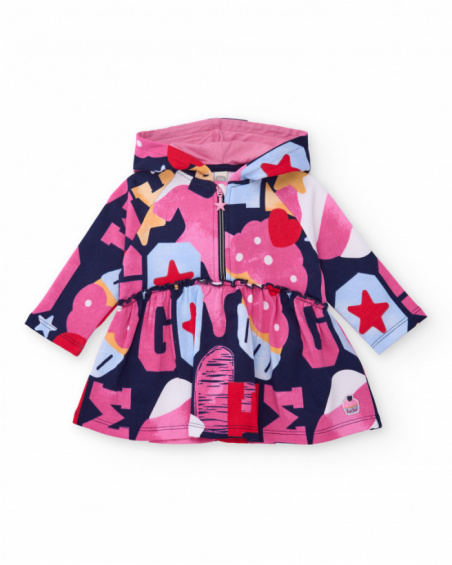 Girl’s dress with hood and multicolored star and letter print.