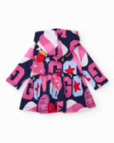 Girl’s dress with hood and multicolored star and letter print. Girl’s dress with hood and multicolored star and letter print.