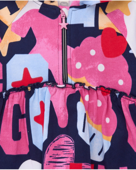 Girl’s dress with hood and multicolored star and letter print.