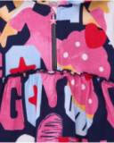 Girl’s dress with hood and multicolored star and letter print. Girl’s dress with hood and multicolored star and letter print.