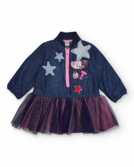 Denim dress for girl with tulle skirt and star appliqués.