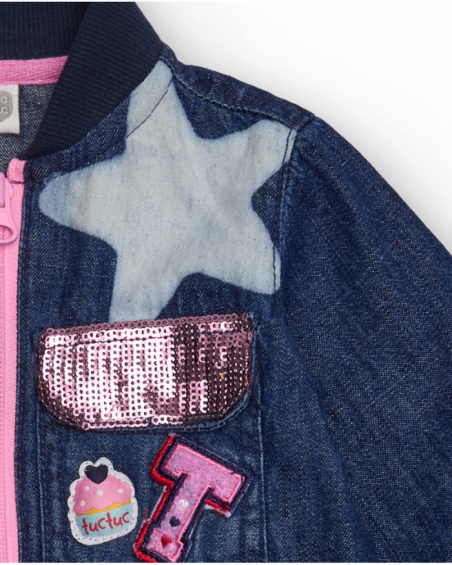 Denim dress for girl with tulle skirt and star appliqués.