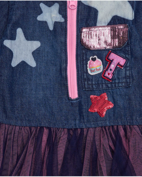 Denim dress for girl with tulle skirt and star appliqués.