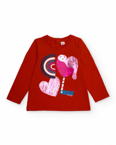 Red long-sleeve t-shirt for girl with heart print and graphic details.