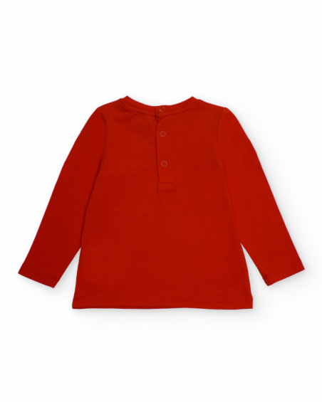 Red long-sleeve t-shirt for girl with heart print and graphic details.