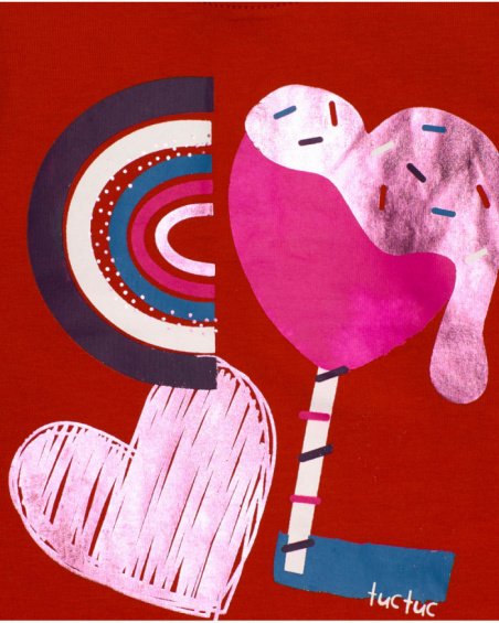 Red long-sleeve t-shirt for girl with heart print and graphic details.