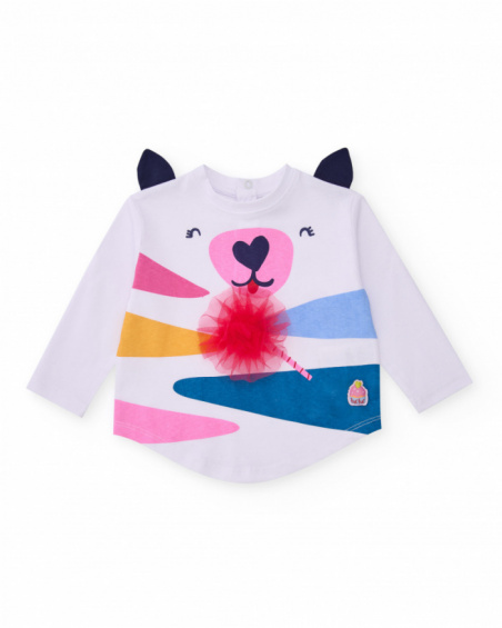 White long-sleeve t-shirt for girl with animal print and 3D details.