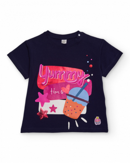 Navy blue t-shirt for girl with colorful print and shiny details. Navy blue t-shirt for girl with colorful print and shiny details.