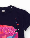 Navy blue t-shirt for girl with colorful print and shiny details. Navy blue t-shirt for girl with colorful print and shiny details.