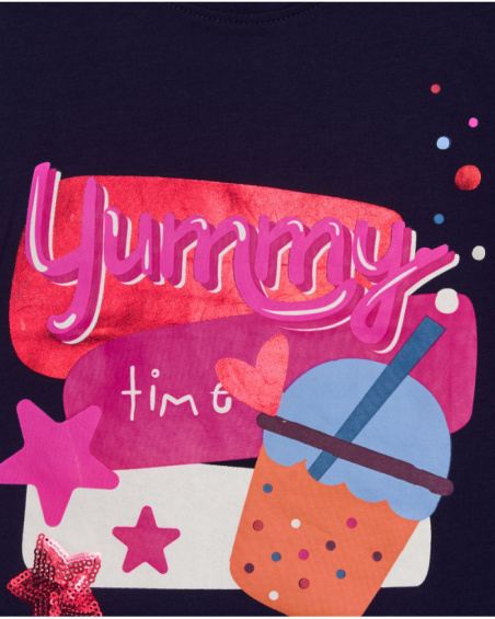 Navy blue t-shirt for girl with colorful print and shiny details. Navy blue t-shirt for girl with colorful print and shiny details.