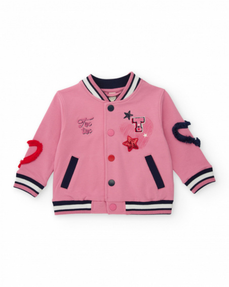 Pink varsity-style jacket for girls with embroidered details and 3D appliqués. Pink varsity-style jacket for girls with embroidered details and 3D appliqués.