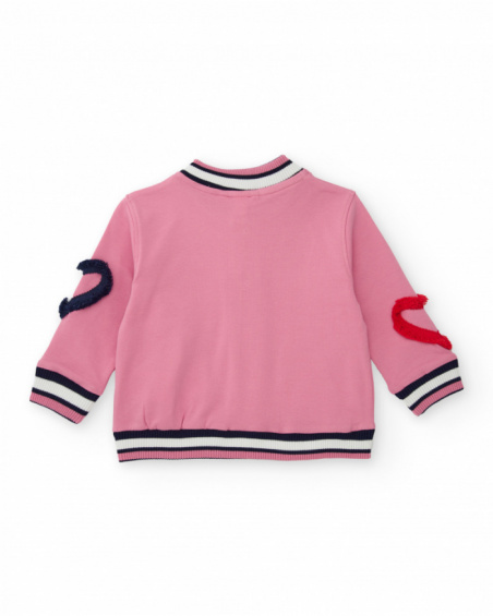Pink varsity-style jacket for girls with embroidered details and 3D appliqués. Pink varsity-style jacket for girls with embroidered details and 3D appliqués.