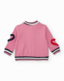 Pink varsity-style jacket for girls with embroidered details and 3D appliqués. Pink varsity-style jacket for girls with embroidered details and 3D appliqués.
