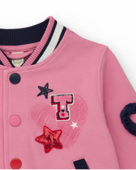 Pink varsity-style jacket for girls with embroidered details and 3D appliqués. Pink varsity-style jacket for girls with embroidered details and 3D appliqués.