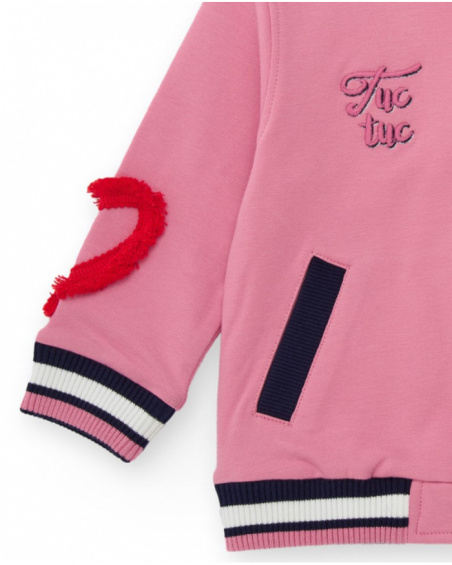 Pink varsity-style jacket for girls with embroidered details and 3D appliqués. Pink varsity-style jacket for girls with embroidered details and 3D appliqués.