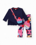 Girl’s outfit with navy blue t-shirt featuring purse appliqué and multicolored printed leggings. Girl’s outfit with navy blue t-shirt featuring purse appliqué and multicolored printed leggings.