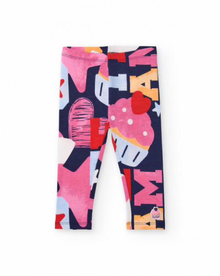 Multicolored leggings for girl with cupcake, heart, and letter print. Multicolored leggings for girl with cupcake, heart, and letter print.