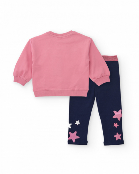 Girl’s outfit with pink sweatshirt featuring embroidered star and navy blue leggings with star Girl’s outfit with pink sweatshirt featuring embroidered star and navy blue leggings with star
