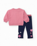 Girl’s outfit with pink sweatshirt featuring embroidered star and navy blue leggings with star Girl’s outfit with pink sweatshirt featuring embroidered star and navy blue leggings with star