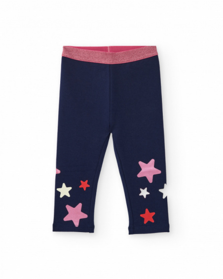 Navy blue leggings for girl with multicolored star print and shiny pink elastic waistband. Navy blue leggings for girl with multicolored star print and shiny pink elastic waistband.