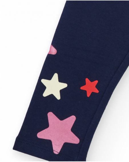 Navy blue leggings for girl with multicolored star print and shiny pink elastic waistband. Navy blue leggings for girl with multicolored star print and shiny pink elastic waistband.