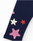 Navy blue leggings for girl with multicolored star print and shiny pink elastic waistband. Navy blue leggings for girl with multicolored star print and shiny pink elastic waistband.