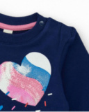 Navy blue sweatshirt for girl with shiny heart and asymmetrical back design. Navy blue sweatshirt for girl with shiny heart and asymmetrical back design.