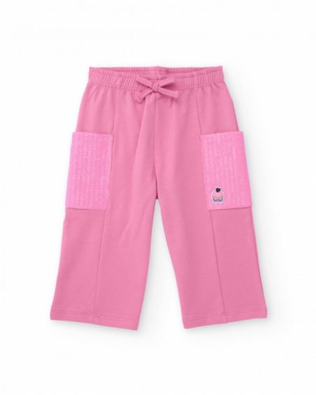 Pink pants for girl with sequin side pockets and adjustable waistband. Pink pants for girl with sequin side pockets and adjustable waistband.