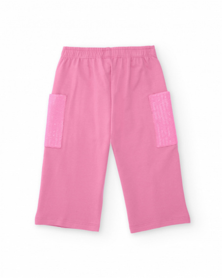 Pink pants for girl with sequin side pockets and adjustable waistband. Pink pants for girl with sequin side pockets and adjustable waistband.