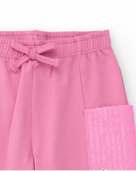 Pink pants for girl with sequin side pockets and adjustable waistband. Pink pants for girl with sequin side pockets and adjustable waistband.