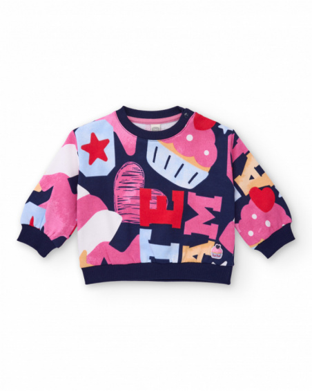 Multicolored sweatshirt for girl with letter and cupcake print.