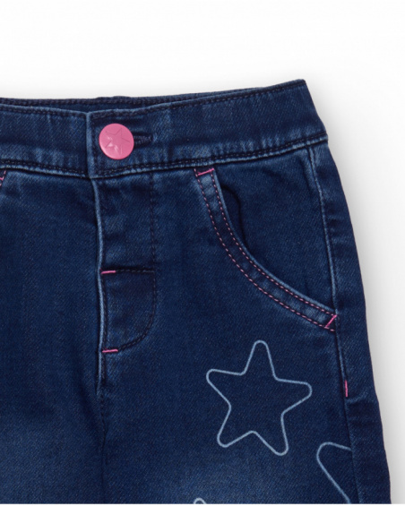 Blue denim pants for girl with star print. Blue denim pants for girl with star print.