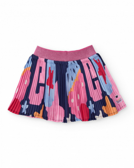Pleated skirt for girl with multicolored print and shiny elastic waistband.