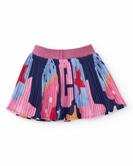 Pleated skirt for girl with multicolored print and shiny elastic waistband.