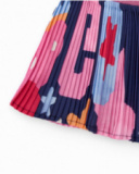 Pleated skirt for girl with multicolored print and shiny elastic waistband. Pleated skirt for girl with multicolored print and shiny elastic waistband.