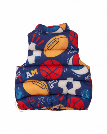 Padded vest for boy with multicolored sports print.