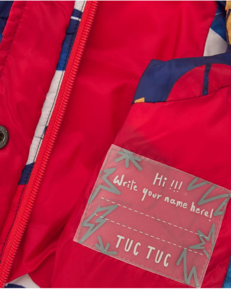 Padded vest for boy with multicolored sports print.