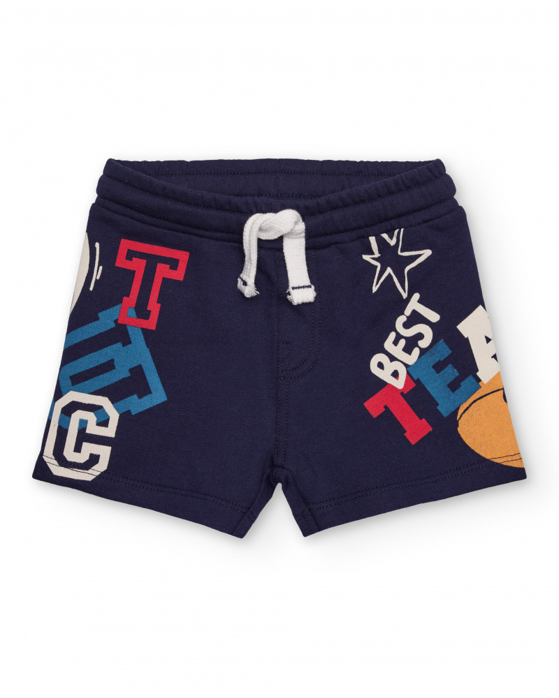 Navy blue shorts for boy with sports print and adjustable waistband.