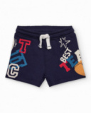 Navy blue shorts for boy with sports print and adjustable waistband. Navy blue shorts for boy with sports print and adjustable waistband.