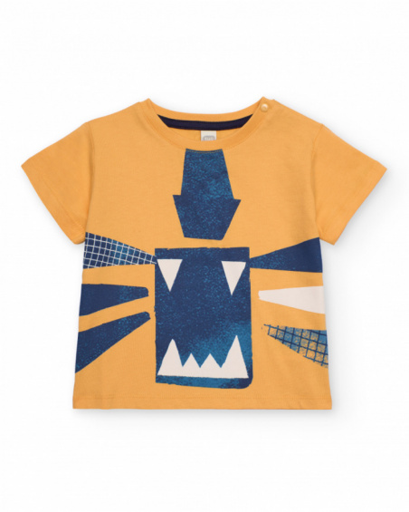 Yellow t-shirt for boy with fun graphic print in shades of blue.