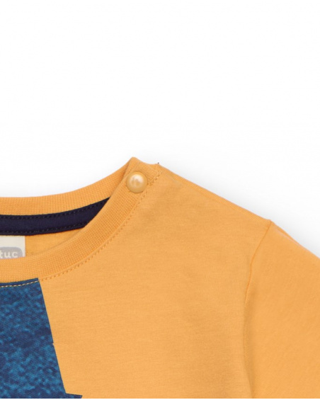 Yellow t-shirt for boy with fun graphic print in shades of blue.
