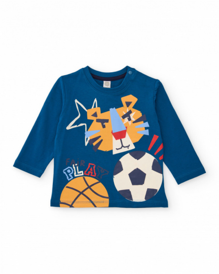 Blue long-sleeve t-shirt for boy with tiger and ball print.