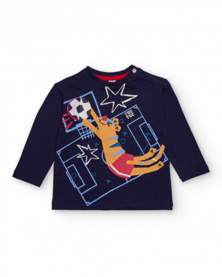 Navy blue sweatshirt for boy with footballer lion print and sporty details.