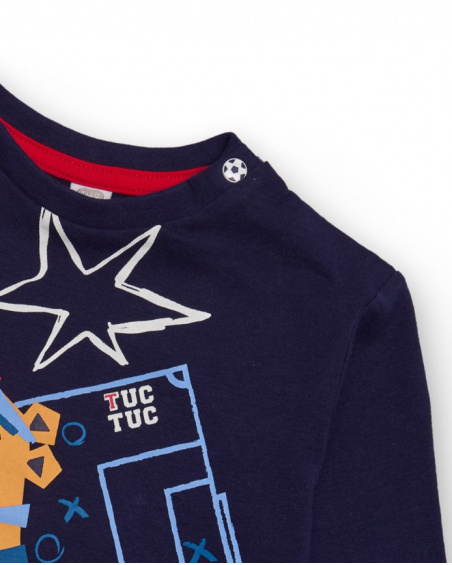 Navy blue sweatshirt for boy with footballer lion print and sporty details.