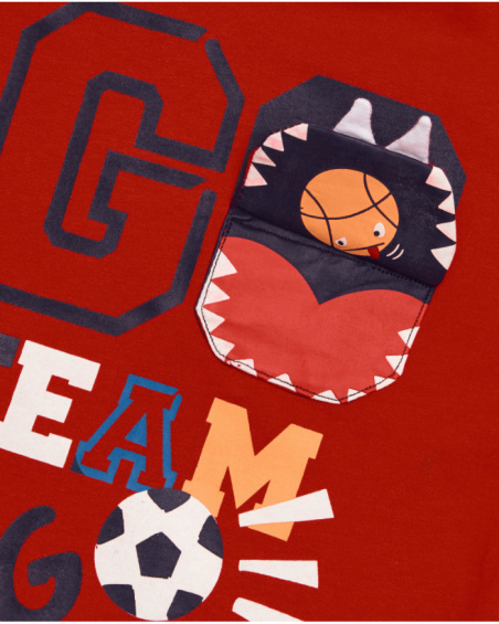 Red long-sleeve t-shirt for boy with “GO TEAM” print and sporty details.