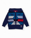 Navy blue knit sweatshirt for boy with hood and geometric lion design in vibrant colors. Navy blue knit sweatshirt for boy with hood and geometric lion design in vibrant colors.